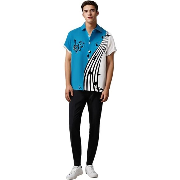 ❤️Men Blue Print Short Sleeve Regular Hawaiian Casual  Button Down Beach Shirts - Picture 5 of 8